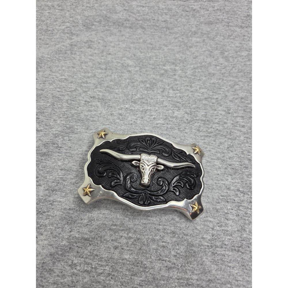 Black Tooled Leather Longhorn Steer Western Belt Buckle